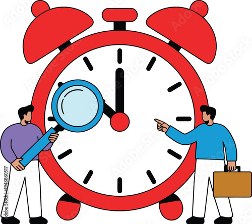 Two men looking at a giant red alarm clock
