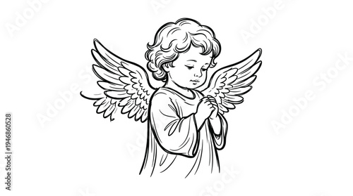 Beautiful hand-drawn illustration of a little angel or cherub praying. A serene and spiritual symbol of innocence and faith. Ideal for religious art, cards, and logos.