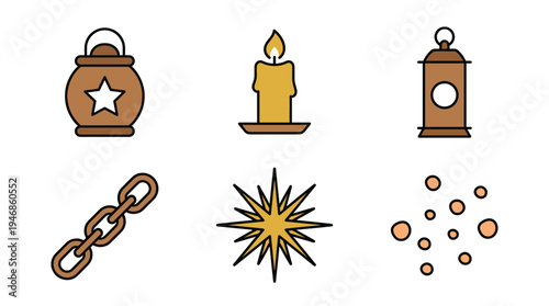 Set of vector icons for games and apps. Includes lanterns, a candle, star, and chain. Perfect for fantasy, RPG, or holiday themes. Simple line art design for versatile use.