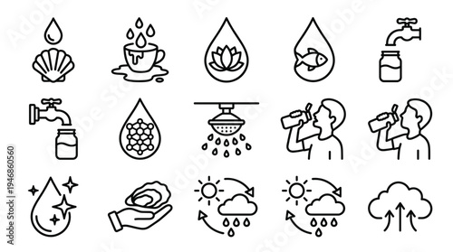 Collection of thin line icons related to water. Symbols for purity, cycle, drinking, and nature. Perfect for ecology projects, infographics, web design, and mobile apps.