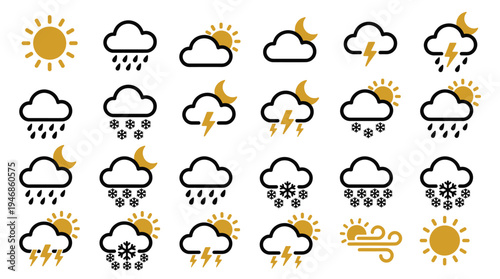 Modern weather forecast icon set. Includes sun, cloud, rain, snow, storm, and wind symbols. Perfect for web design, apps, widgets, and meteorology graphics. Vector collection.