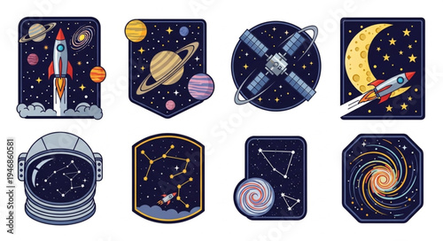 Collection of Space Themed Patches and Illustrations.