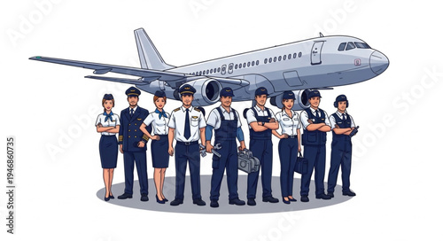 Flight attendants stand before airplane.
