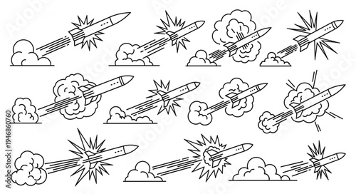 Rocket Launch Sequence Explosion Smoke Trail Illustration.