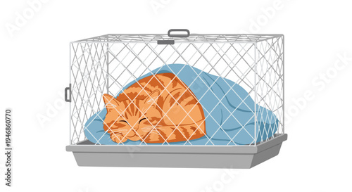 Orange cat sleeping in cage.