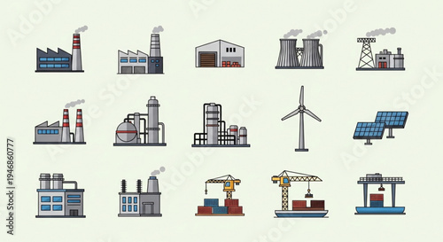 Diverse Industrial and Energy Infrastructure Icons Set in Vector Format.