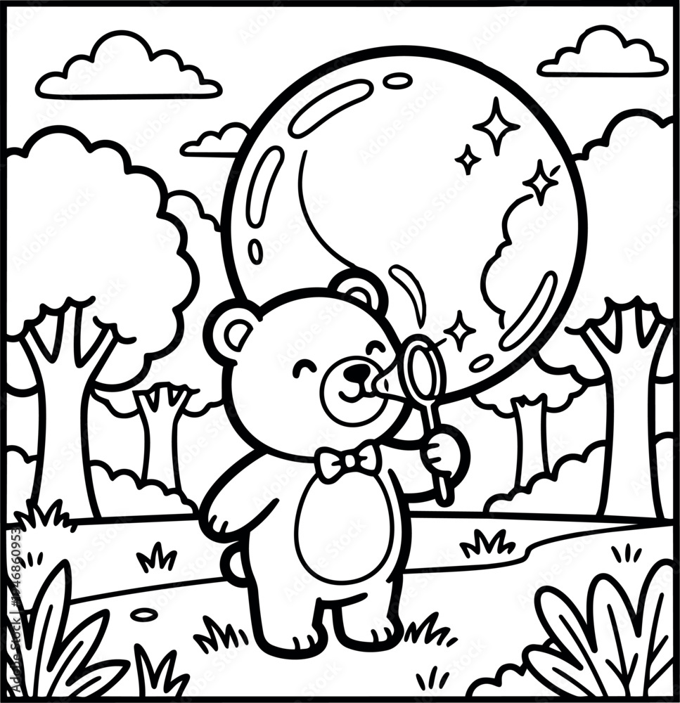 Fototapeta premium Cute cartoon style bear blowing shiny big bubble wand in forest park surrounded by trees and clouds