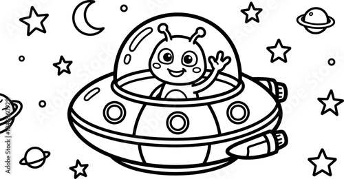Cute alien waving from inside flying saucer spaceship surrounded by stars planets and moon in space cartoon line art