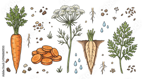 Colored vintage engraving style set of fresh carrots, sliced pieces, flowering carrot plant, roots and leaves isolated on white background.