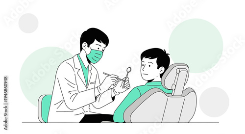 Dentist examining young boy's teeth in dental chair, medical checkup, oral hygiene concept
