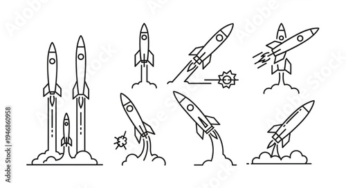 Collection of rocket launch illustrations in a simple line art style.