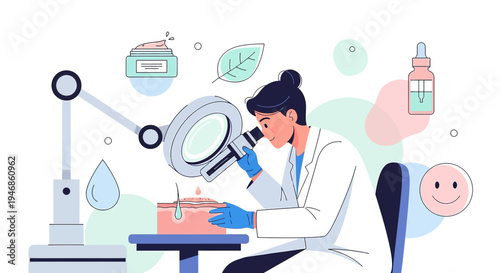 Dermatologist examines skin under microscope, skincare research, cosmetic science