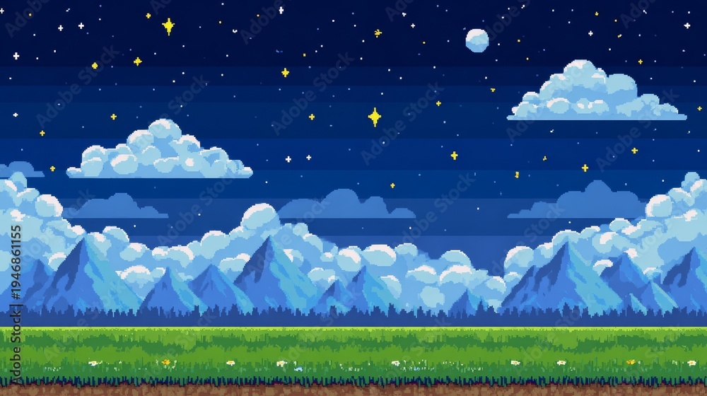 Cute pixel art meadow with clouds, stars, mountains, seamless vector background, video game location, retro 8bit style, colorful pixel scenery, fantasy nature landscape for arcade and adventure games