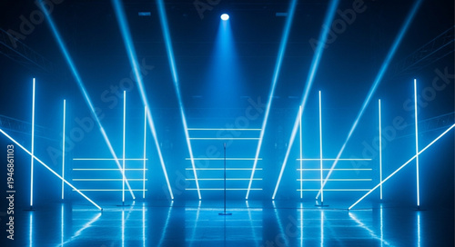 Stage with blue neon lights and spotlights.