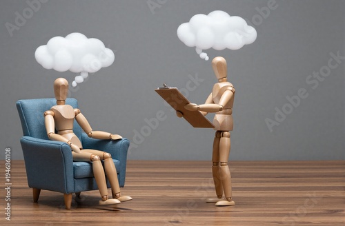 Wooden figures depict therapy session with thought bubbles above