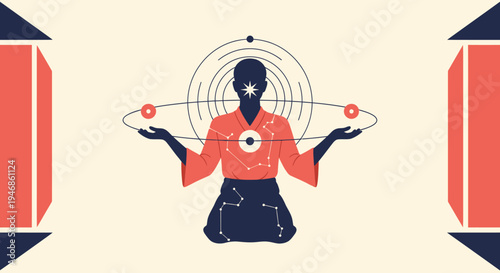 Cosmic Balance: Person Meditating with Celestial Orbits and Stars
