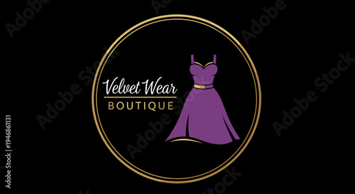 Purple dress in gold circle logo.
