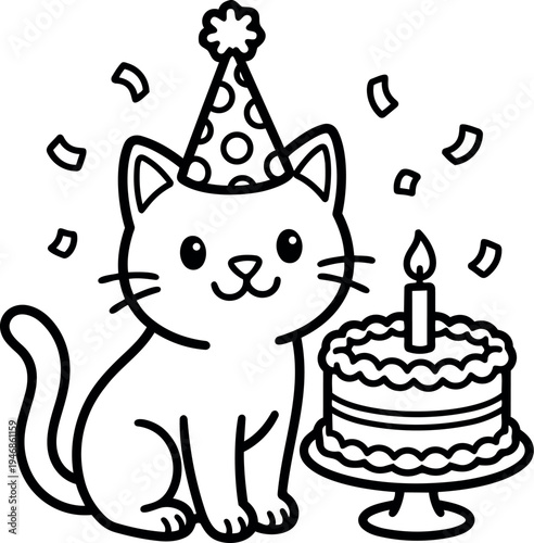 Cute cat wearing party hat sitting next to birthday cake with candle and confetti line art vector illustration