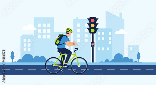 Cyclist riding bicycle in city street with traffic light and buildings background
