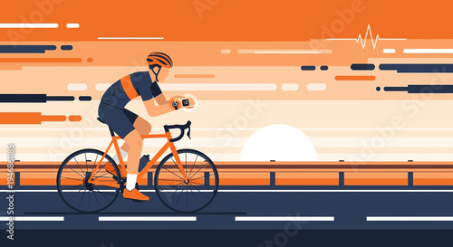 Cyclist Training at Sunrise with Heart Rate Monitor and Data Visualization