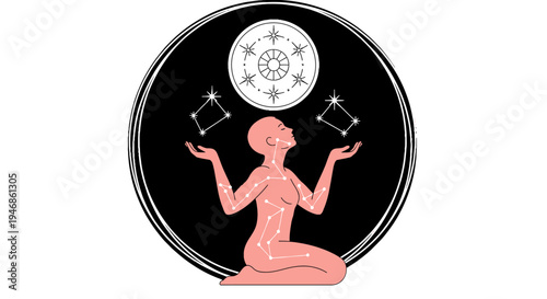 Cosmic Woman Juggling Constellations and Celestial Clock