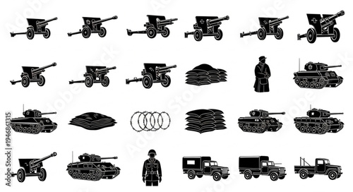 Collection of military equipment and soldiers in black and white illustration.