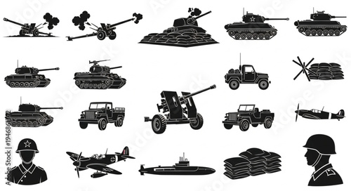 Collection of vintage military vehicles and equipment silhouettes.