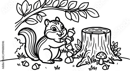 Black and white vector art cute chipmunk holding acorns near tree stump with mushroom and leaves forest scene
