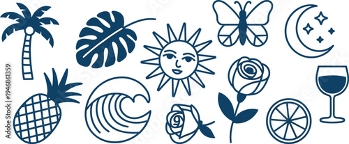 Summer lifestyle icon set with sun wave palm pineapple butterfly moon rose citrus and wine glass vector illustration