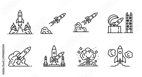 Rocket Launch Icons Set Vector Illustration.