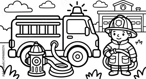 Cute young firefighter holding hose standing next to fire hydrant and fire truck with fire station in background vector art line drawing
