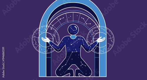 Cosmic Man in Archway with Constellations and Zodiac Symbols