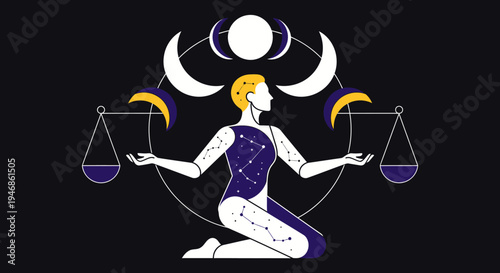 Libra Zodiac Symbol Woman Balancing Scales Astrology Constellation Moon Phases