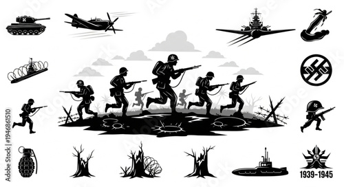 World War II Soldiers and Military Equipment Silhouette Collection.