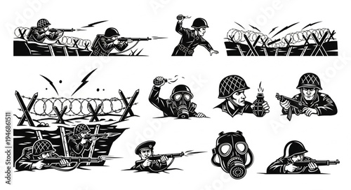 World War II Soldiers in Combat Scenes Illustration.