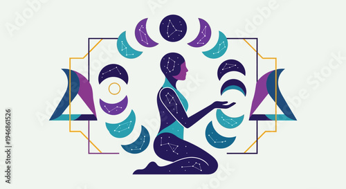 Woman Meditating Under Celestial Moon Cycle and Constellation