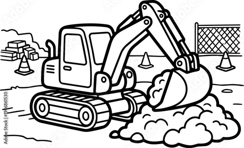 Black and white line art excavator digging soil at construction site with traffic cones and fence in background vector design