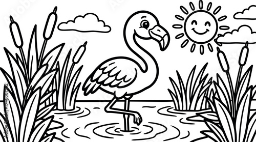 Black and white line art smiling flamingo standing in water with reeds and sun cartoon style outdoor scene
