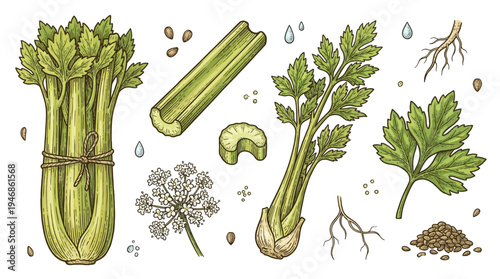 Colored vintage engraving style set of celery stalks, bunch, green leaves, seeds and flowers isolated on white background.