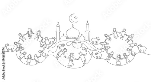 Islamic Community Unity: Children and Sheep Circle Mosque Silhouette