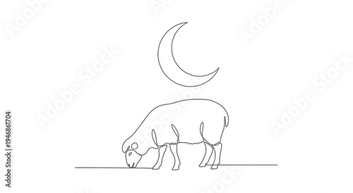 Single Line Drawing of Sheep Grazing Under Crescent Moon, Minimalist Eid al-Adha Concept