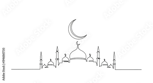 Islamic Mosque Silhouette with Crescent Moon - Minimalist Line Art