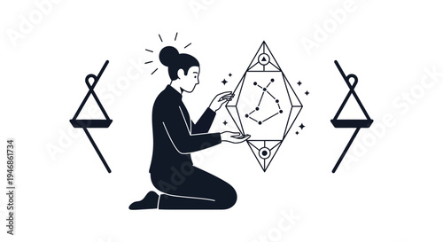 Woman interacting with celestial constellation in geometric crystal