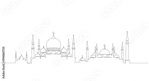 Mosque Skyline Silhouette Drawing - Minimalist Islamic Architecture Line Art