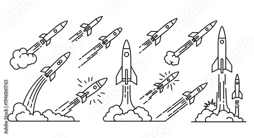 Collection of rockets launching into space with smoke trails.