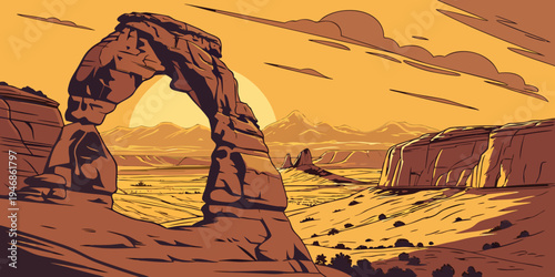 USA, US, U.S, United States - Arches National Park delicate arch sunset panorama dramatic desert skyline 
