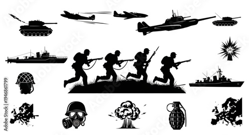 Military conflict and war elements silhouette collection.