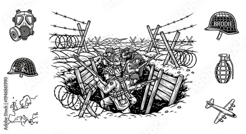 World War I Trench Warfare Scene with Military Equipment.