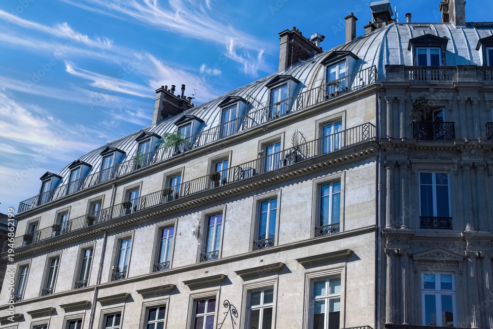 Fototapeta premium Paris, typical building, parisian facade rue de Rivoli, view from the Tuileries garden 