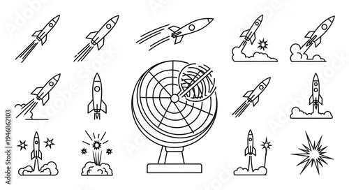 Collection of rocket launch and radar icons in black and white line art style.